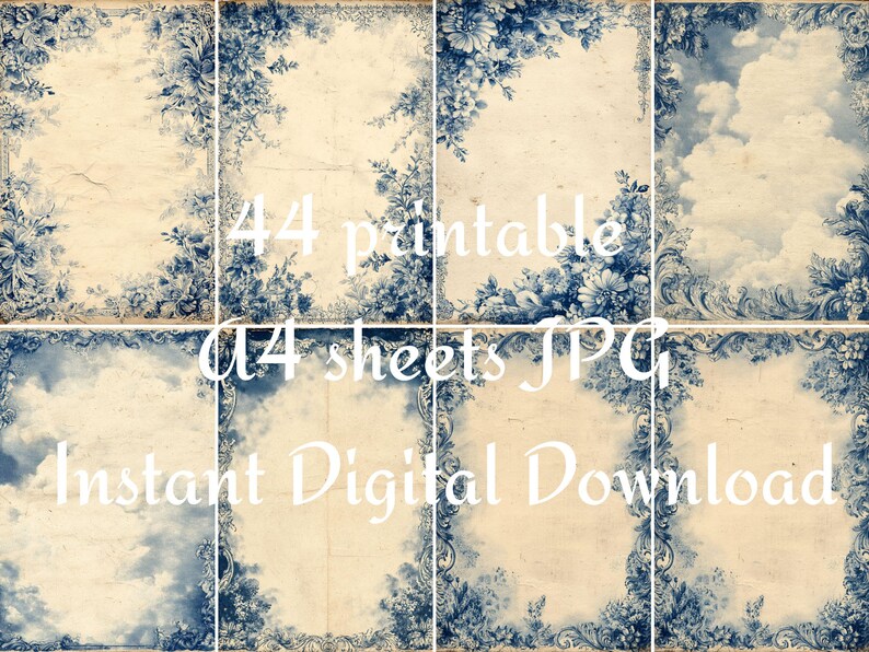 May include: Digital download of 44 printable sheets in JPG format. The image features a collage of vintage-style papers with blue floral and cloud designs. The text "Instant Digital Download" is visible.