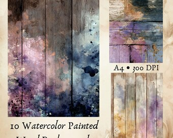 10 Watercolor Painted Wood Backgrounds  Colorful Rustic Backgrounds for Junk Journal, Scrapbooking and Mixed Media  Printable A4 Paper Pack