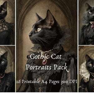 Puede incluir: Un paquete de 16 páginas A4 imprimibles con retratos de gatos góticos. Las imágenes muestran gatos negros vestidos con atuendos góticos vintage, adornados con joyas y cuellos de encaje. El texto "Gothic Cat Portraits Pack" es visible.