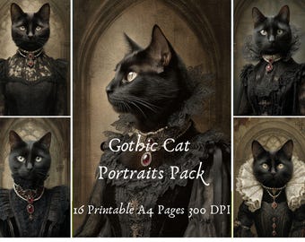 May include: A collection of 16 printable A4 pages displaying Gothic cat portraits. The images feature black cats in vintage gothic clothing, with jewellery and lace collars. The text "Gothic Cat Portraits Pack" is visible.