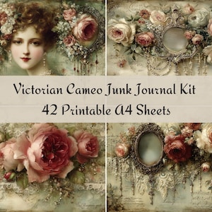 Puede incluir: Un collage digital con estética vintage, que muestra a una dama victoriana, rosas y marcos ornamentados. El texto dice "Victorian Cameo Junk Journal Kit" y "42 Printable A4 Sheets". La paleta de colores incluye rosas, cremas y verdes.