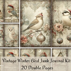Puede incluir: Kit de diario de estilo vintage con ilustraciones de aves con atuendo de invierno. La obra de arte incluye aves con sombreros y bufandas, posadas en ramas con adornos y flores. El texto dice "Vintage Winter Bird Junk Journal Kit 20 Double Pages."