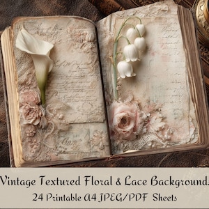 May include: An open vintage book with textured pages, adorned with a white calla lily and a sprig of lily of the valley. Delicate pink roses and lace accents complement the floral arrangement. The text "Vintage Textured Floral & Lace Backgrounds" is displayed.