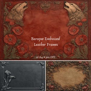 Op de afbeelding: Barokke lederen frames met reliëf in verschillende stijlen. Het hoofdfram heeft een rode achtergrond met in reliëf gemaakte wolven, klaprozen en sierlijke randen. Extra frames zijn een zwart frame met calla lelies en een bruin frame met rozen.