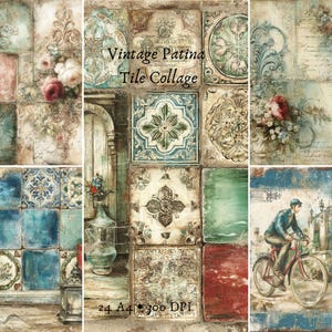 May include: A collage of vintage-style tiles with a patina finish. The design features floral arrangements, architectural elements, and a cyclist. The text "Vintage Patina Tile Collage" is visible. The color palette includes blues, greens, reds, and browns.