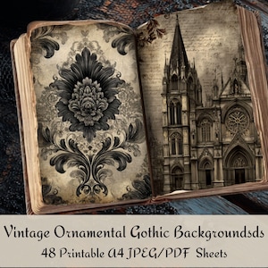 May include: An open vintage book with aged pages. One page features a black and gray floral damask design, while the other displays a detailed illustration of a Gothic cathedral. The image includes the text "Vintage Ornamental Gothic Backgroundsds" and "48 Printable A4 JPEG/PDF Sheets."