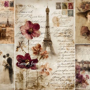 Puede incluir: Un collage de imágenes de estilo vintage con temática parisina. La Torre Eiffel, sellos antiguos y escritura manuscrita son prominentes. Elementos florales y un retrato de una mujer con sombrero se suman a la estética. El texto "Letters from Paris - Journal Kit" es visible.