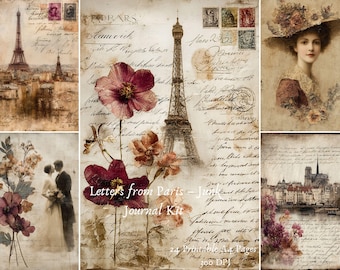May include: A collage of vintage-style images with a Parisian theme. The Eiffel Tower, antique stamps, and handwritten script are prominent. Floral elements and a portrait of a woman in a hat add to the aesthetic. The text "Letters from Paris - Journal Kit" is visible.