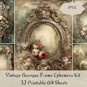 May include: A collage of vintage baroque frames with floral arrangements. The frames are ornate, gold-toned, and oval or rectangular. The image includes the text "Vintage Baroque Frame Ephemera Kit" and "32 Printable A4 Sheets".