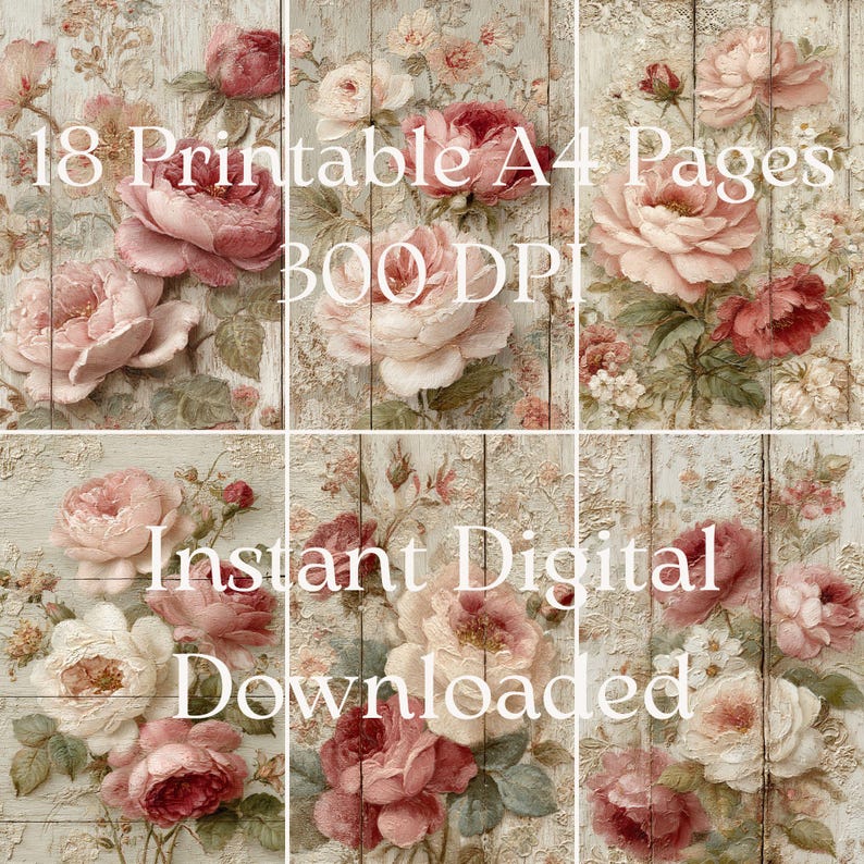 Shabby Chic Roses Digital Paper Pack, 18 Vintage Floral Scrapbooking ...