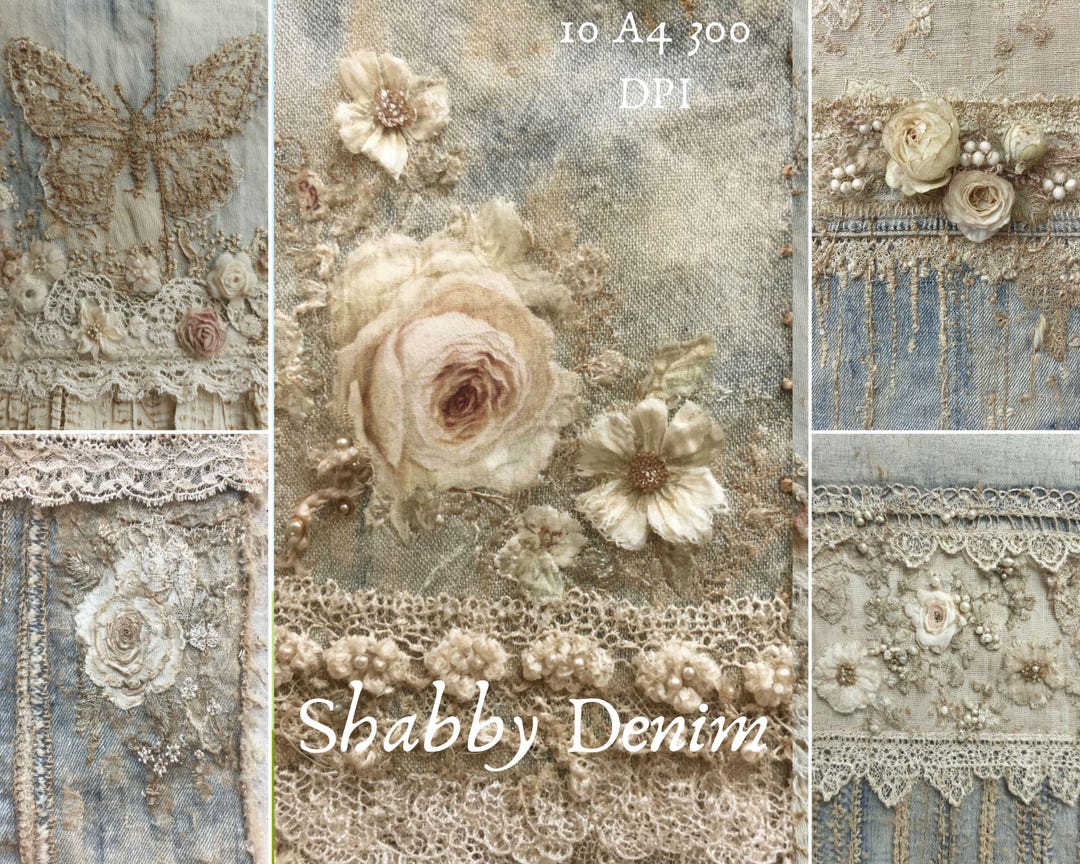 Shabby Denim Digital Paper Pack A4 Vintage Lace Floral Fabric Texture ...