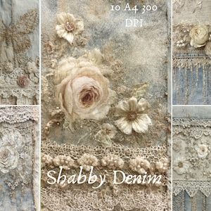 Pode incluir: Uma colagem de tecido denim desgastado adornada com delicada renda creme, flores bordadas e uma borboleta. O texto "Shabby Denim" é visível. A estética geral é vintage e romântica.
