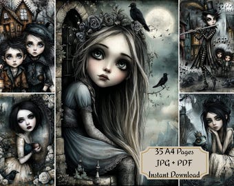 May include: A digital art collection featuring 35 A4 pages in JPG and PDF formats, showcasing gothic-style illustrations of characters with large eyes, dark hair, and moody settings including moonlit landscapes, crows, and ornate architectural details.