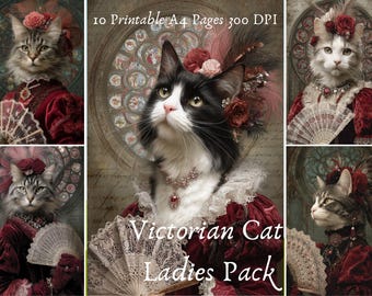 Victorian Cat Ladies Printable Paper Pack | 10 A4 Pages with Elegant Lace Fan Portraits | Baroque Feline Ephemera | 300 DPI JPG Set