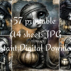 Halloween doll printable preview with witch hat, pumpkin lantern, striped dress, gothic cute character style, and soft spooky autumn colors.