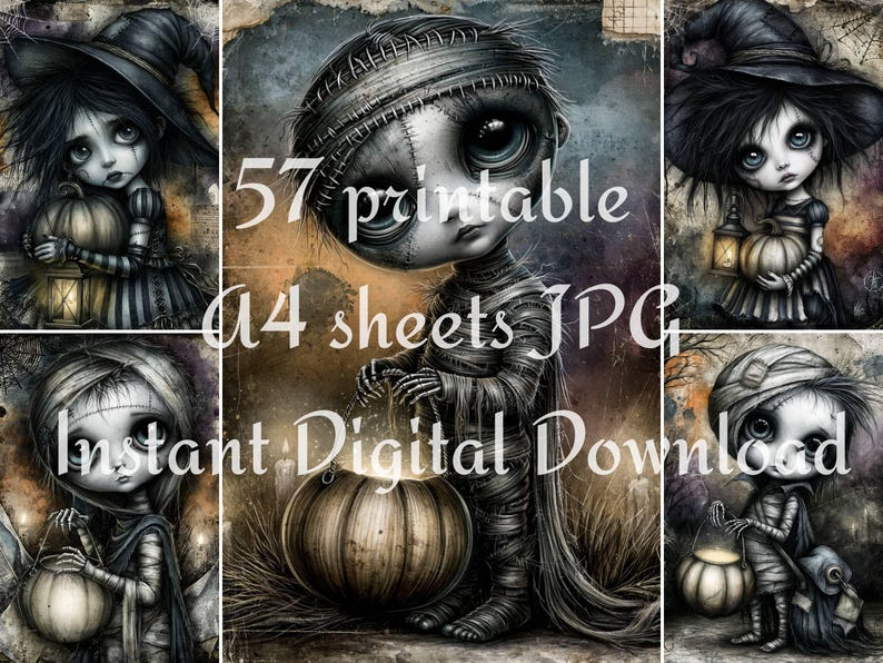 Halloween doll printable preview with witch hat, pumpkin lantern, striped dress, gothic cute character style, and soft spooky autumn colors.