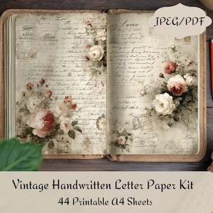 May include: Open vintage-style book with floral and handwritten text design. The pages feature faded script and rose illustrations. The text at the bottom reads "Vintage Handwritten Letter Paper Kit" and "44 Printable A4 Sheets". An orange pen rests on the side.