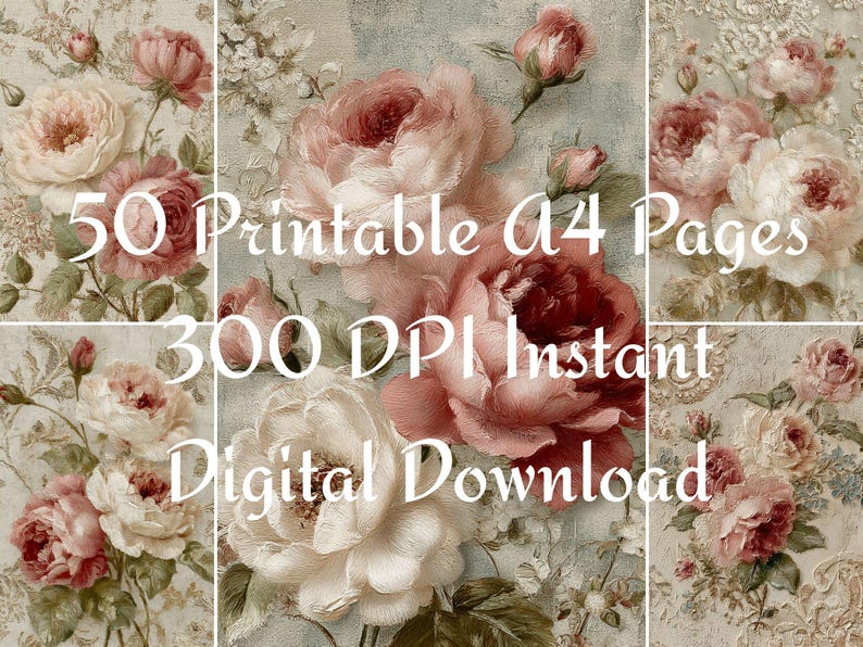 50 Shabby Chic Roses Digital Papers, Floral Background Bundle With Lace ...