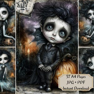 May include: A digital art collection featuring illustrations of characters with large eyes and dark hair, accompanied by pumpkins. The text reads 57 A4 Pages, JPG + PDF, Instant Download. The imagery includes various figures in dark attire.