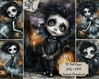 May include: A digital art collection featuring illustrations of characters with large eyes and dark hair, accompanied by pumpkins. The text reads 57 A4 Pages, JPG + PDF, Instant Download. The imagery includes various figures in dark attire.