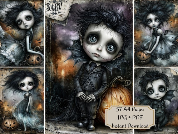 Gothic Halloween Doll Printable Set, Creepy Cute Witch Pumpkin Art, Dark Fantasy Junk Journal A4 JPG Instant Download, Scrapbook Pages