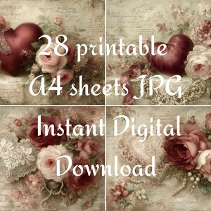 May include: A collage of four images featuring vintage-style floral arrangements with hearts and roses in shades of red, pink, and cream. The text "28 printable A4 sheets JPG Instant Digital Download" is overlaid on the images.