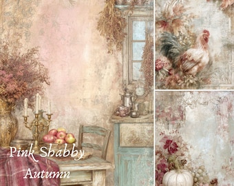 May include: A collage of vintage-style images in pink and beige tones. The images feature a rooster, a still life with a pumpkin, and a scene with a table, chair, and window. Text reads "Pink Shabby Autumn Journal Kit."