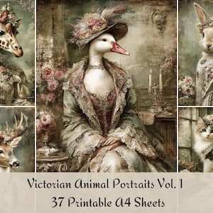 Può includere: Una collezione di ritratti di animali in stile vittoriano. Le immagini presentano una giraffa, un'anatra, un coniglio, un cervo e un gatto, tutti vestiti con abiti d'epoca elaborati. Il testo in basso recita "Victorian Animal Portraits Vol. 1" e "37 Printable A4 Sheets."