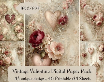 May include: A digital paper pack with a vintage Valentine theme. The image features a collage of floral designs, hearts, and decorative elements in soft pink, red, and cream tones. The text reads "Vintage Valentine Digital Paper Pack".