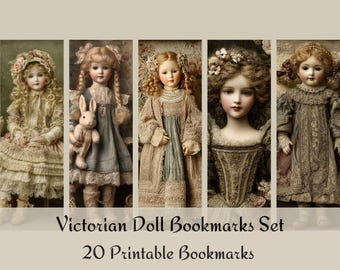 Set de marcapáginas de muñecas victorianas: 20 marcapáginas digitales de estilo vintage para mujer, marcadores de página imprimibles con forma de muñeca antigua, regalo de lectura shabby chic