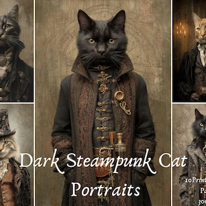 Op de afbeelding: Een verzameling donkere steampunk kattenportretten. De katten zijn gekleed in Victoriaanse kleding met steampunk accessoires. De afbeelding bevat de tekst "Dark Steampunk Cat Portraits" en "10 Printable A4 Pages 300 DPI".