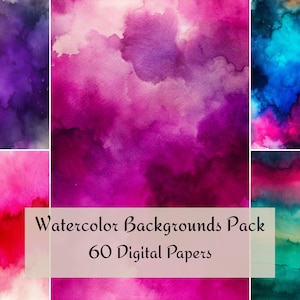 May include: A collection of watercolor backgrounds in shades of purple, pink, blue, and green. The image features a variety of abstract designs with blended colors. Text on the image reads "Watercolor Backgrounds Pack 60 Digital Papers."