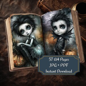 May include: An open book displaying two illustrations of characters with large eyes and dark hair, one in a dress and one in a suit with bat-like wings, both near pumpkins. A dark blue label reads 57 A4 Pages, JPG + PDF, Instant Download.