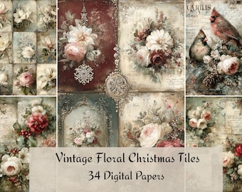May include: A collection of digital papers featuring vintage floral Christmas tiles with roses, cardinals, pinecones, and ornate snowflake ornaments. The designs incorporate script text, aged paper textures, and deep red, green, and cream color palettes.
