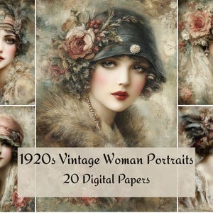 May include: Vintage portraits of women from the 1920s, featuring elegant hats adorned with flowers and feathers. The images have a soft, painterly style with muted colors and a focus on the women's faces. Text on the image reads "1920s Vintage Woman Portraits 20 Digital Papers."