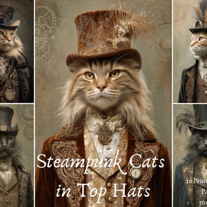 Steampunk-katter i höghattar, A4 digitalt papperspaket, 10 JPG-porträttark, utskrivbara Gentlecat-konst, vintage-djur, efemera, viktoriansk stil, kit