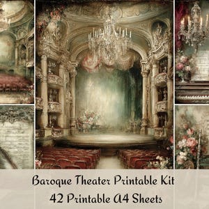 Può includere: Un collage digitale raffigurante una scena teatrale barocca con architetture ornate, lampadari e strumenti musicali. L'immagine include un palco, posti a sedere e il testo "Baroque Theater Printable Kit, 42 Printable A4 Sheets."