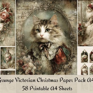 Puede incluir: Un collage de imágenes de estilo vintage con un gato con atuendo victoriano, una máscara decorativa y adornos navideños. El texto "Grunge Victorian Christmas Paper Pack A4" y "58 Printable A4 Sheets" se muestra en la parte inferior.