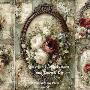 Op de afbeelding: Digitale kunst in Victoriaanse stijl met bloemenframes en een vrouwenportret. De frames zijn versierd met rozen in rood, wit en roze, tegen een vintage, getextureerde achtergrond. Tekst luidt: "Victorian Floral Frames Junk Journal Kit".