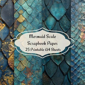 Puede incluir: Papel de scrapbook con diseño de escamas de sirena en tonos azules, turquesas y dorados. La imagen incluye el texto "Mermaid Scale Scrapbook Paper 25 Printable A4 Sheets".