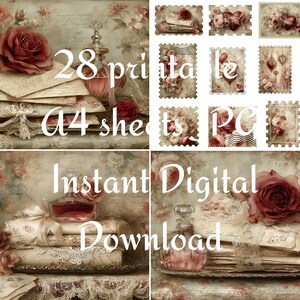 May include: Digital download featuring vintage-style images. The image includes stacks of aged paper, roses, perfume bottles, and decorative stamps. Text on the image reads "28 printable A4 sheets PC Instant Digital Download."
