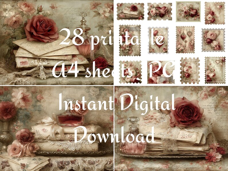 May include: Digital download featuring vintage-style images. The image includes stacks of aged paper, roses, perfume bottles, and decorative stamps. Text on the image reads "28 printable A4 sheets PC Instant Digital Download."