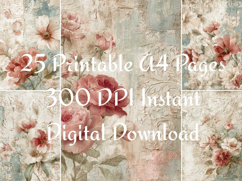 Pastel Blue Shabby Chic Roses Digital Paper, 25 Vintage Floral ...