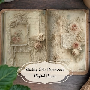 May include: Open book with Shabby Chic Patchwork Digital Paper design. The pages feature a collage of lace, floral accents, and vintage script. Soft beige and cream tones create a romantic, antique aesthetic. An orange pen rests on the wooden surface.