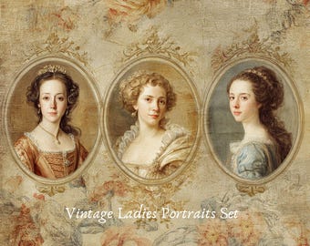 Vintage Ladies Portraits Set Square Digital Paper Pack 18 JPG Sheets Victorian French Ephemera Printable Junk Journal Collage Kit