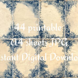 May include: A collection of eight digital printable sheets with a vintage aesthetic. Each sheet features a cream-colored background with a blue floral border. The text "44 printable A4 sheets JPG Instant Digital Download" is overlaid on the image.