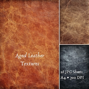 May include: A collage of three aged leather textures in shades of brown and gray. The main image features a close-up of a textured, reddish-brown leather with the words "Aged Leather Textures" in white. The other images show similar textures.
