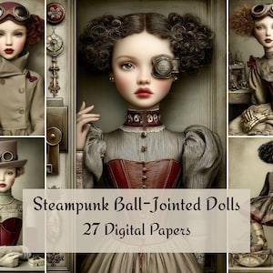 Op de afbeelding: Een collage van steampunk kogelgewrichtpoppen, elk met unieke outfits en accessoires. De poppen hebben een bril, korsetten en ingewikkelde details. De tekst "Steampunk Ball-Jointed Dolls 27 Digital Papers" wordt weergegeven.