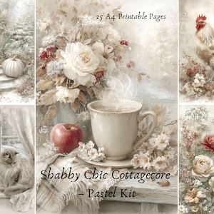 Puede incluir: Un collage de imágenes en tonos pastel con el tema Shabby Chic Cottagecore. Las imágenes incluyen una calabaza blanca, un gallo, un gato, una taza de té humeante y arreglos florales. El texto dice "25 páginas A4 imprimibles" y "Shabby Chic Cottagecore - Pastel Kit".