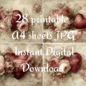 May include: A collage of four images featuring a vintage aesthetic. Each image showcases a burgundy heart adorned with a bow, surrounded by pink roses and ribbons. The text "28 printable A4 sheets JPG Instant Digital Download" is overlaid.